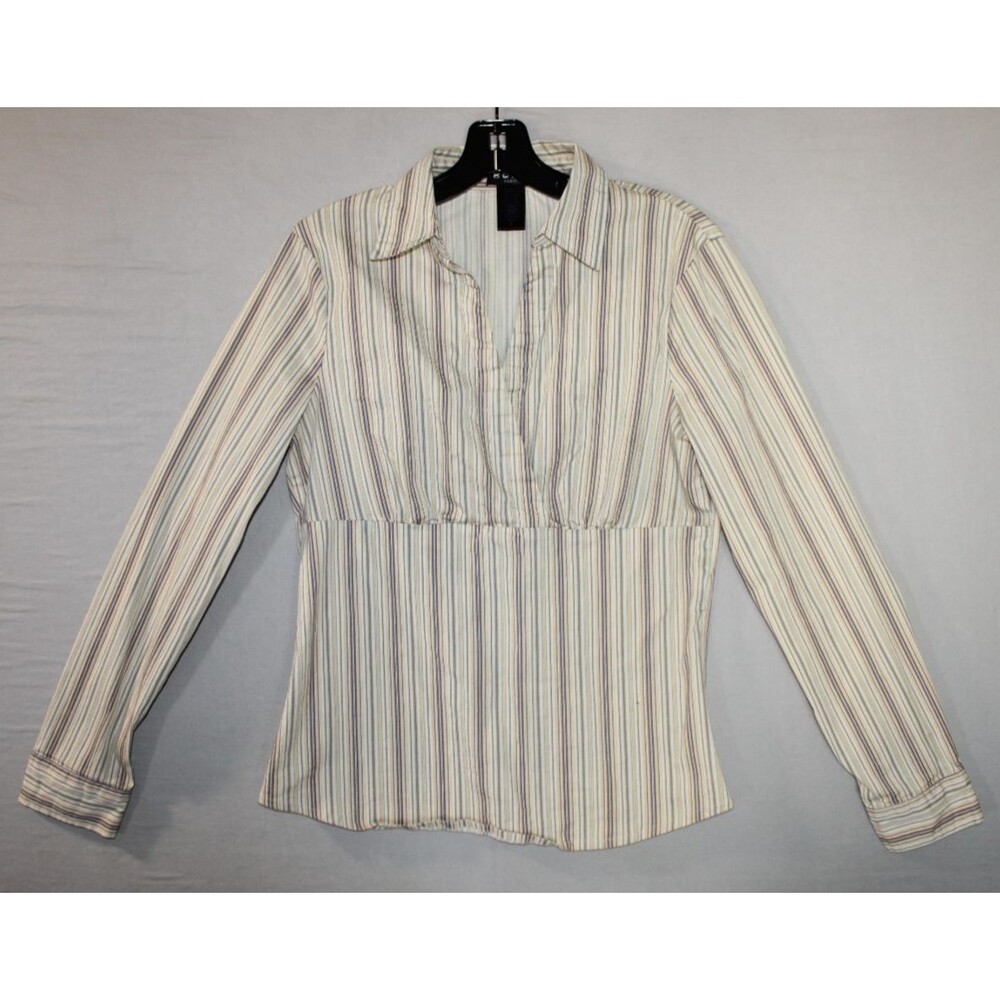 BCBG Paris Womens Blouse Striped Beige Size 8 Long Sleeve Crossover V-Neck